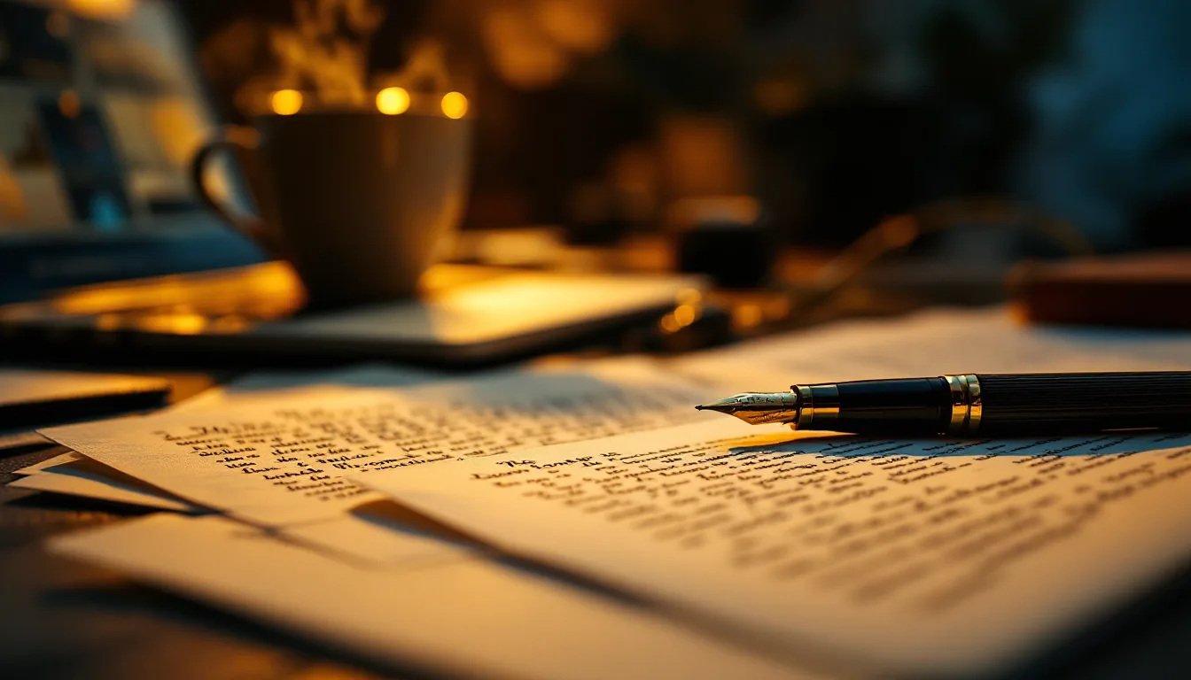 A dawn-lit editing desk with manuscript pages, a fountain pen, and rising coffee steam