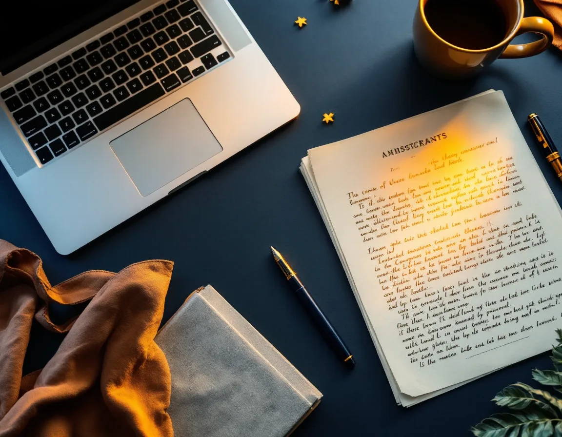 A Carraway Lane editorial desk: manuscript pages, a fountain pen, and an open laptop under warm light